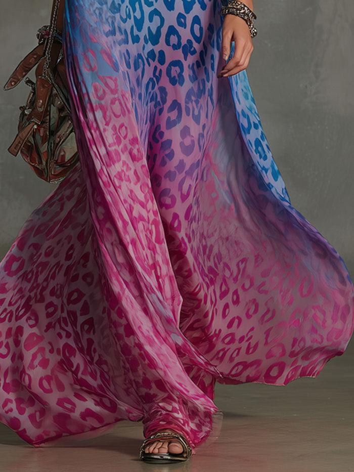 Gradient Leopard Print Chiffon High-neck Sleeveless Maxi Dress  - By Qivii