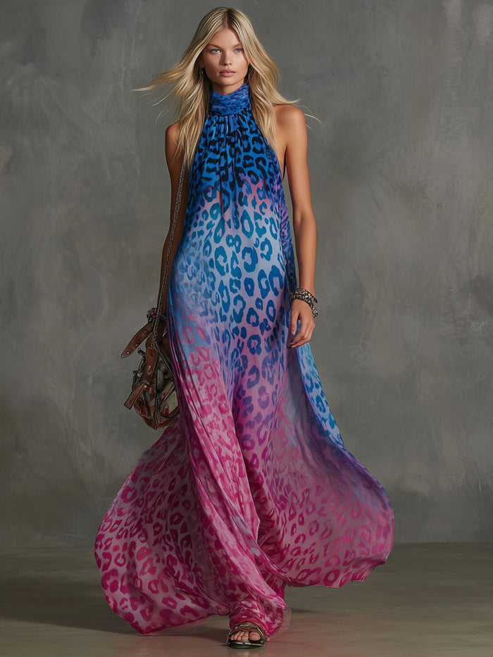 Gradient Leopard Print Chiffon High-neck Sleeveless Maxi Dress  - By Qivii