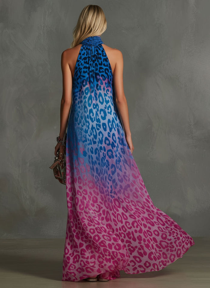 Gradient Leopard Print Chiffon High-neck Sleeveless Maxi Dress  - By Qivii