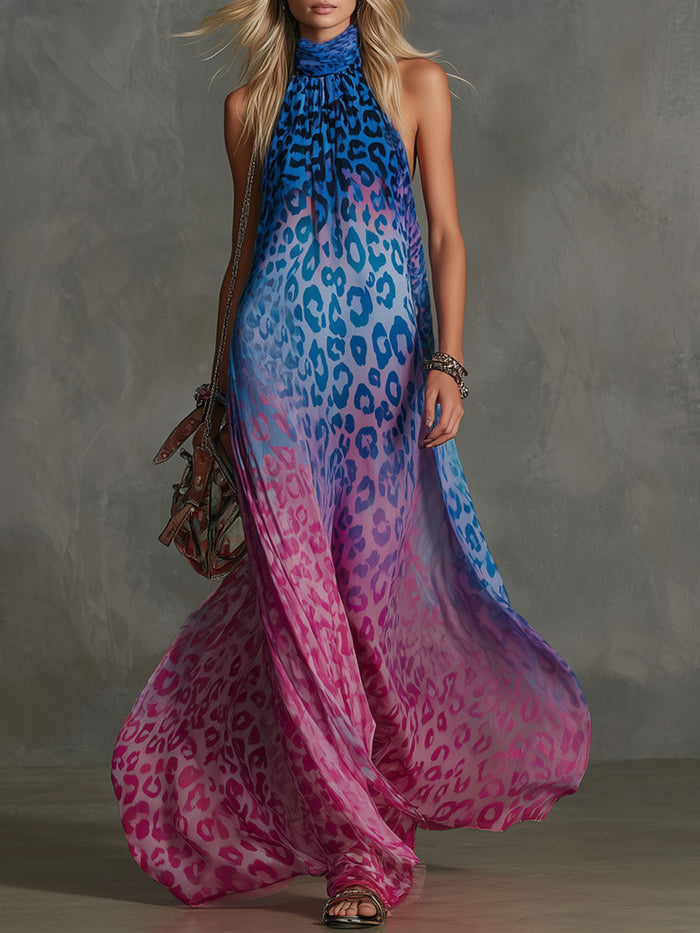 Gradient Leopard Print Chiffon High-neck Sleeveless Maxi Dress  - By Qivii