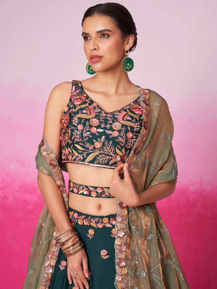 Green - Golden Dull-Bright Sequin,Threaded,Zarkan Embroidered Organza Semi-Stitched Lehenga choli - qivii