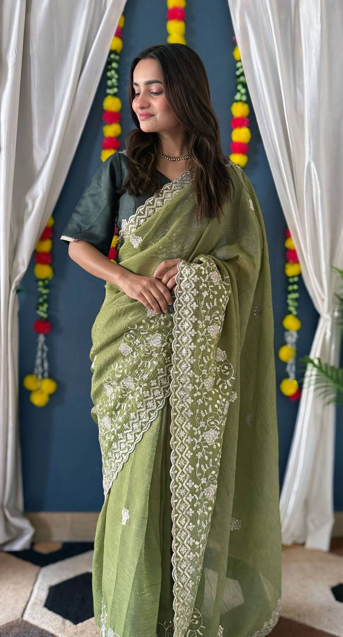 GREEN CRUNCHI SILK WITH SEQUENCE EMBROIDERY DESIGN C’PALLU WORK SAREE - INSPIRED - qivii