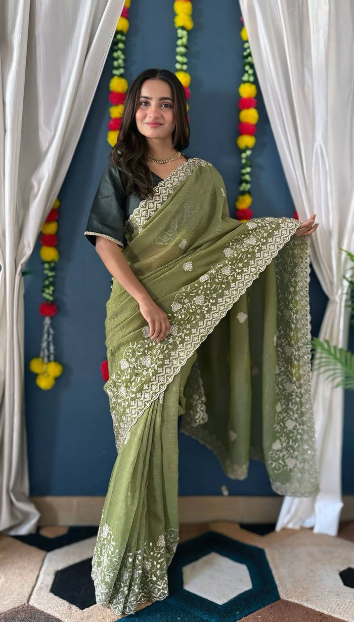 GREEN CRUNCHI SILK WITH SEQUENCE EMBROIDERY DESIGN C’PALLU WORK SAREE - INSPIRED - qivii