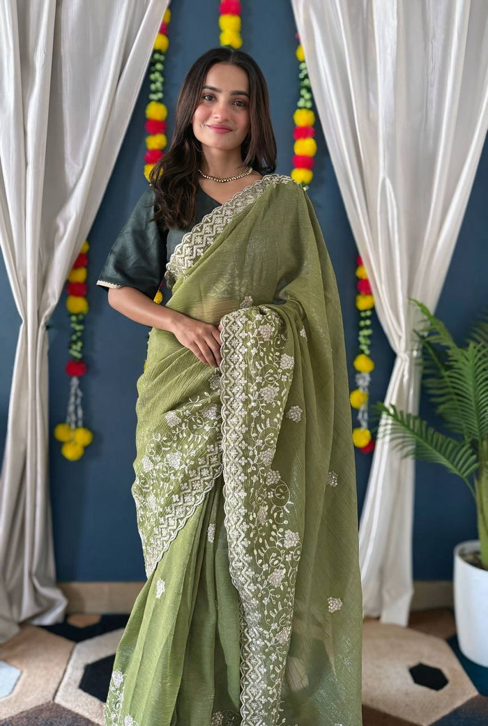 GREEN CRUNCHI SILK WITH SEQUENCE EMBROIDERY DESIGN C’PALLU WORK SAREE - INSPIRED - qivii