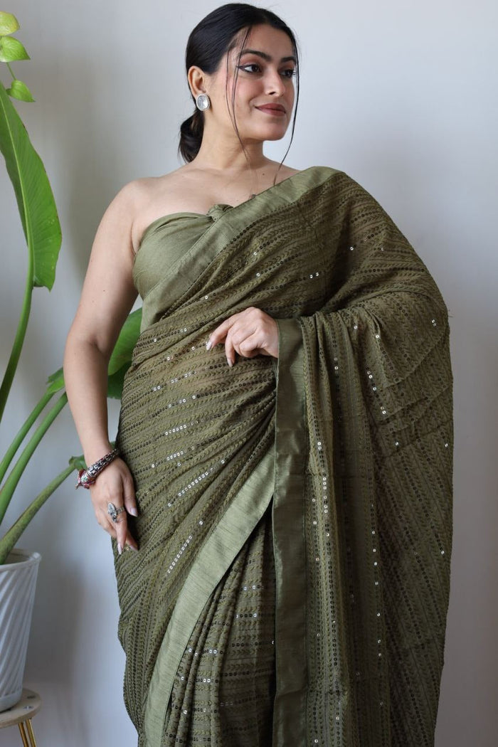 Green Fox Georgatte  Beautiful Designer Embroidery work Saree - INSPIRED - qivii
