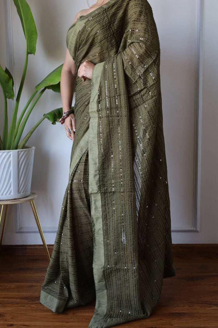Green Fox Georgatte  Beautiful Designer Embroidery work Saree - INSPIRED - qivii