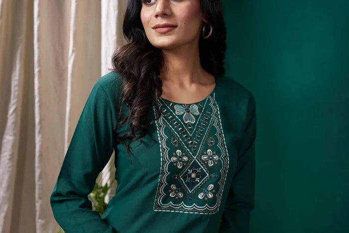 Green Handwork Kurta Set With Pocket - qivii