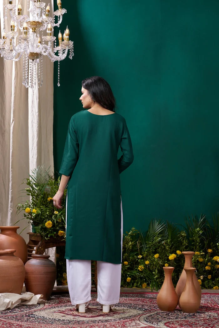 Green Handwork Kurta Set With Pocket - qivii