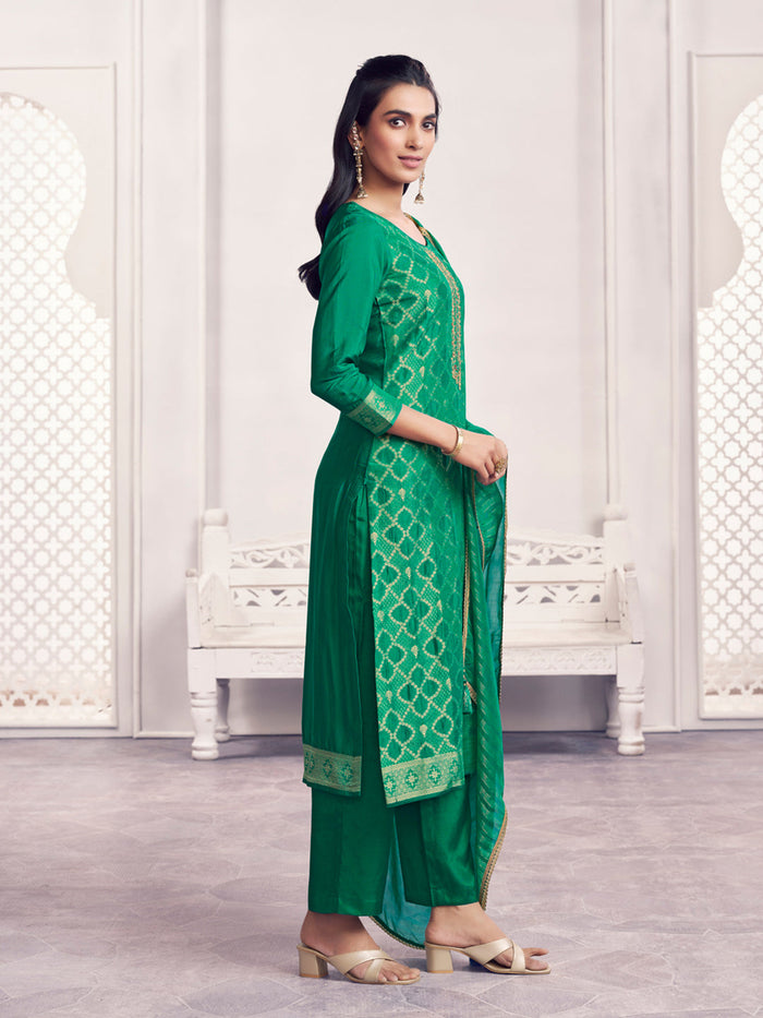 Green Jacquard Straight Kurta With Dyed Trousers And Jacquard Dupatta