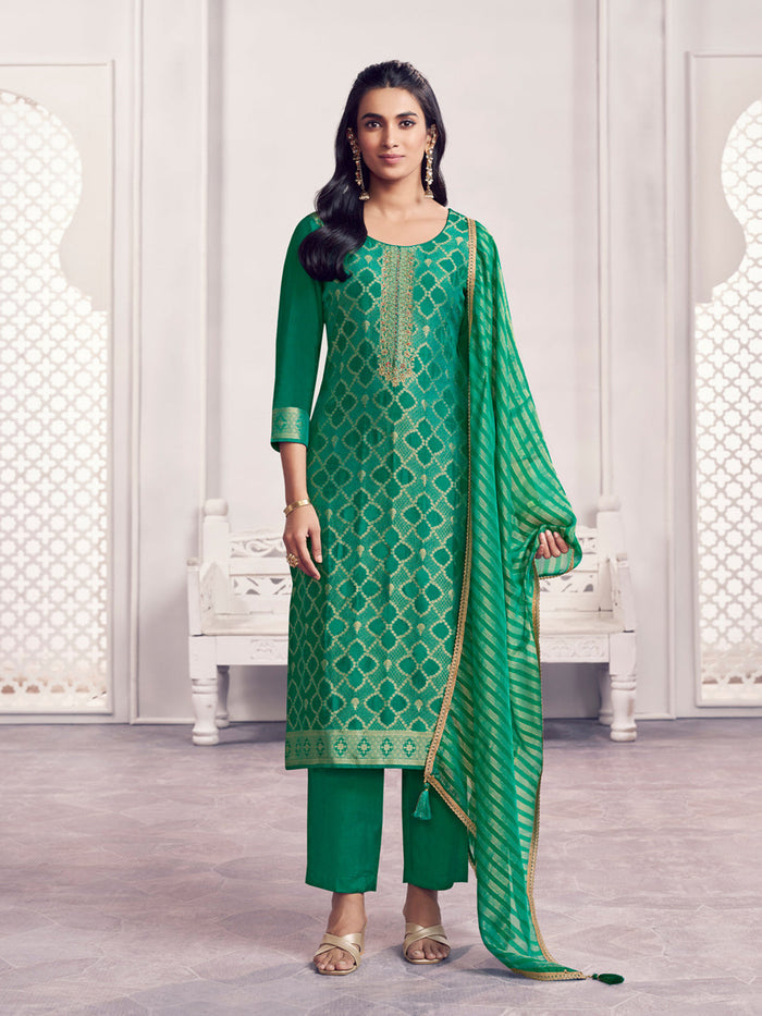 Green Jacquard Straight Kurta With Dyed Trousers And Jacquard Dupatta