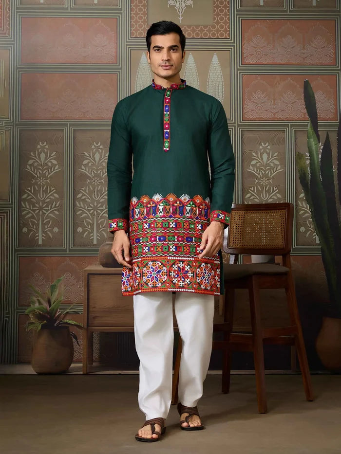 Green Multi Thread And Real Mirror Work Kurta Set For Navratri