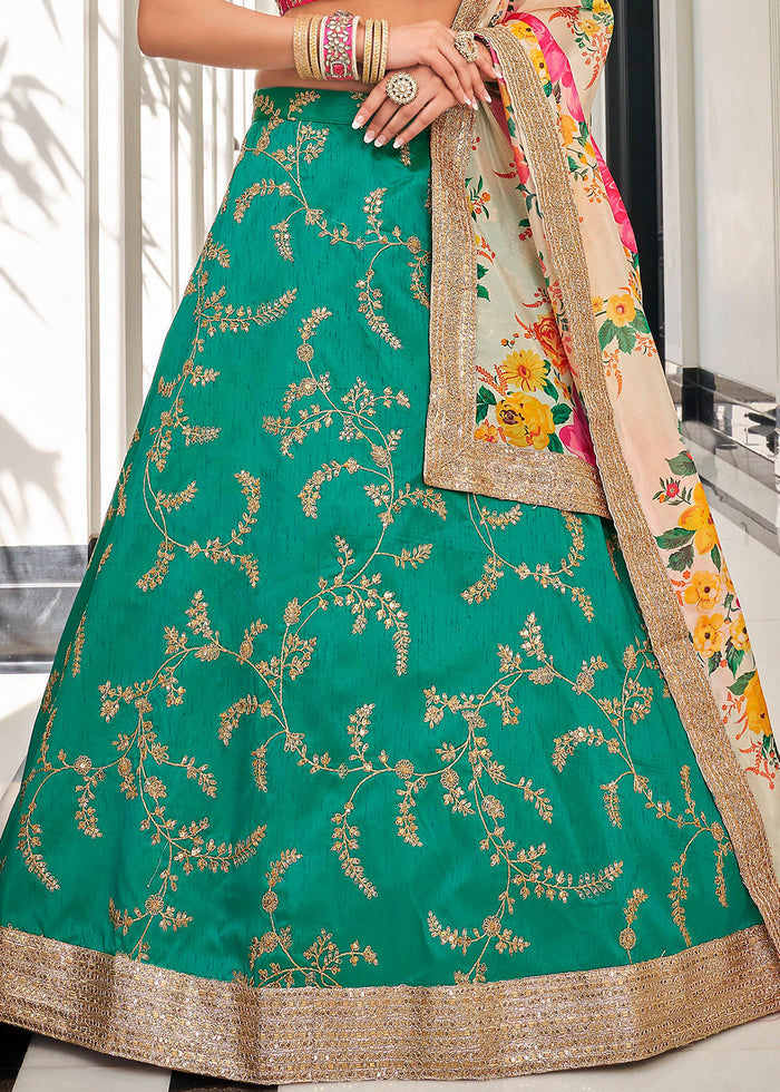 Green & Pink Art Silk Lehenga Choli with Thread, Zari,Dori & Sequins work | Ready To Wear - qivii