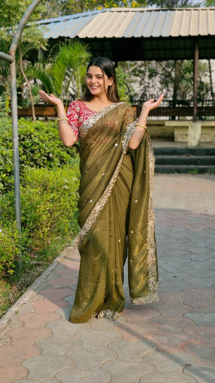 GREEN SEQUENCE EMBROIDERY DESIGN C’PALLU WORK SAREE - INSPIRED - qivii