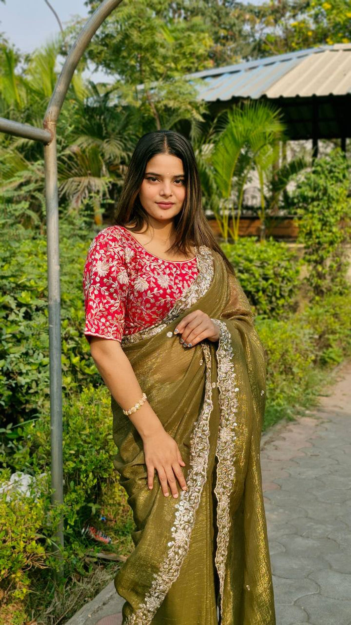 GREEN SEQUENCE EMBROIDERY DESIGN C’PALLU WORK SAREE - INSPIRED - qivii