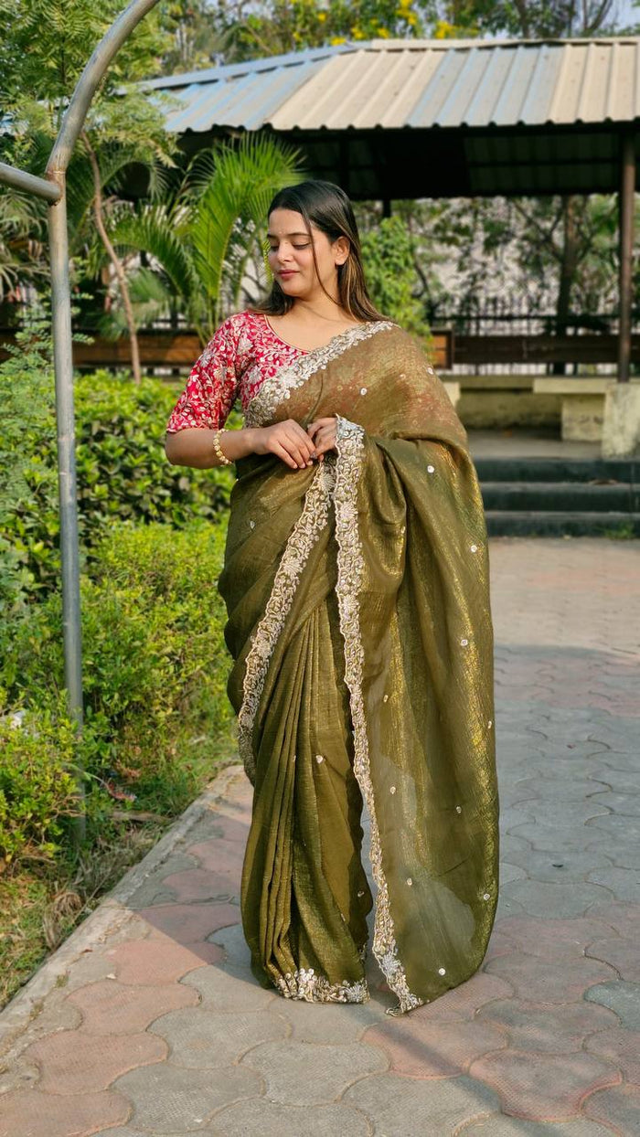 GREEN SEQUENCE EMBROIDERY DESIGN C’PALLU WORK SAREE - INSPIRED - qivii