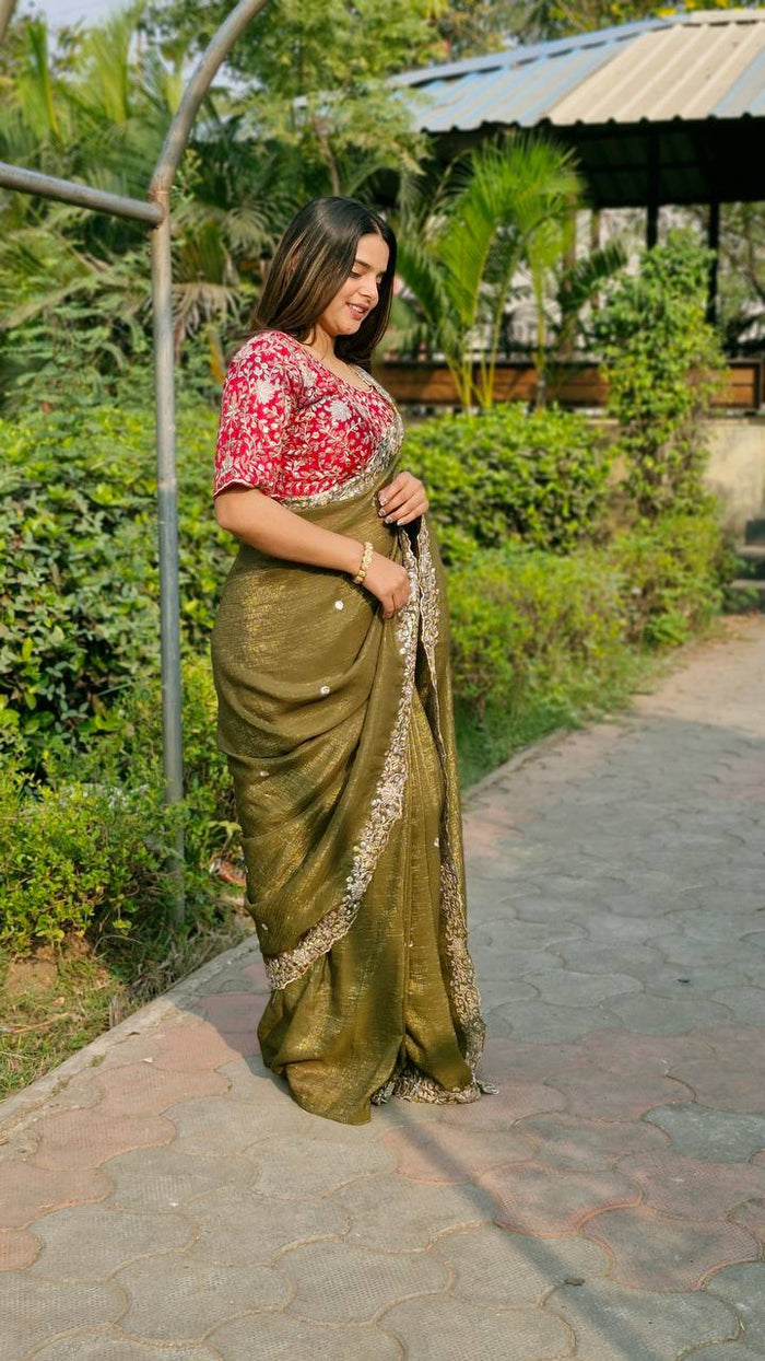 GREEN SEQUENCE EMBROIDERY DESIGN C’PALLU WORK SAREE - INSPIRED - qivii