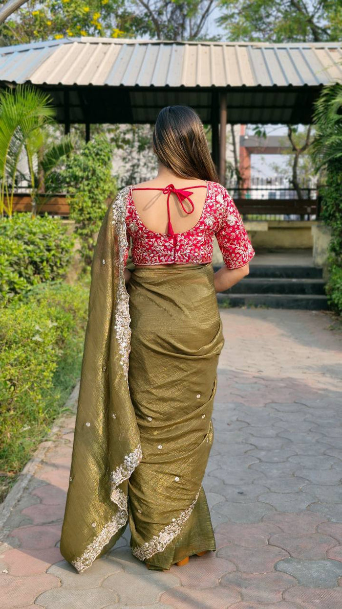 GREEN SEQUENCE EMBROIDERY DESIGN C’PALLU WORK SAREE - INSPIRED - qivii