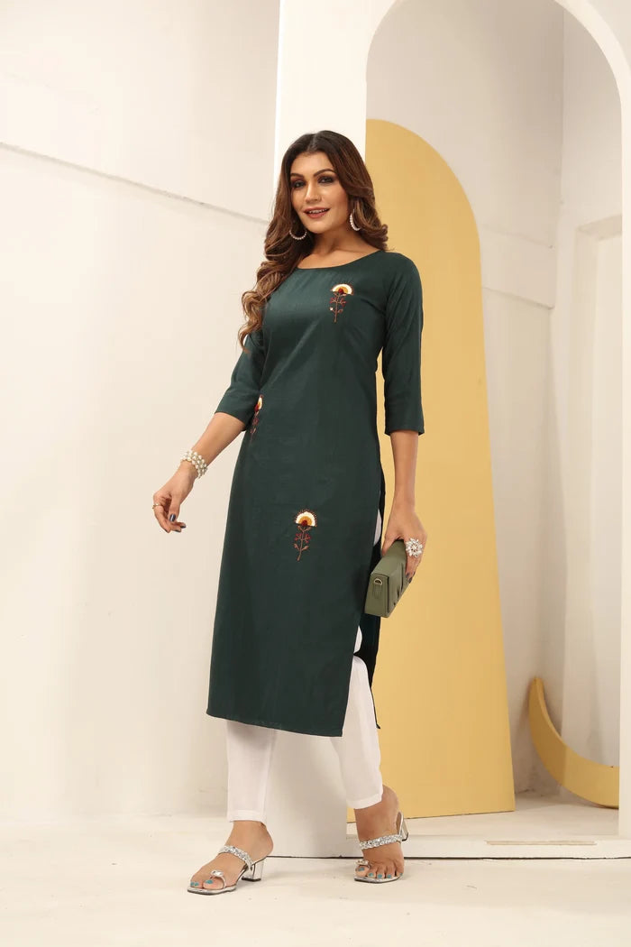 Green Silk Straight Kurta Set with Handmade Embroidery - qivii