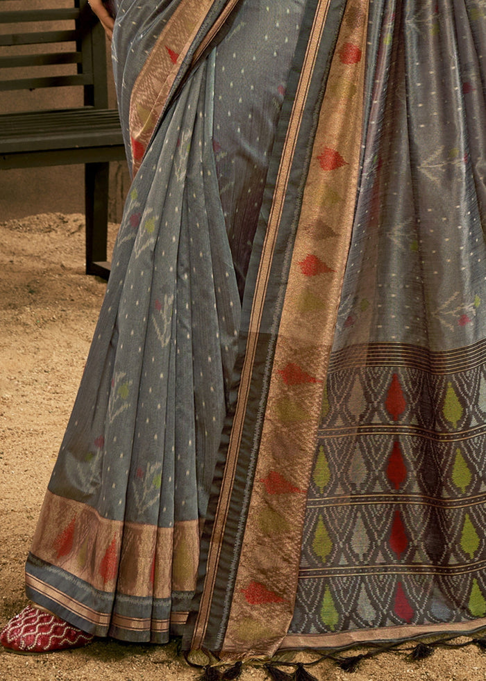 Grey Patola Handloom Weaving Silk Saree - qivii