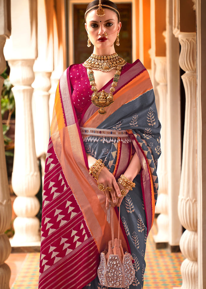 Grey & Pink Printed Patola Silk Saree - qivii