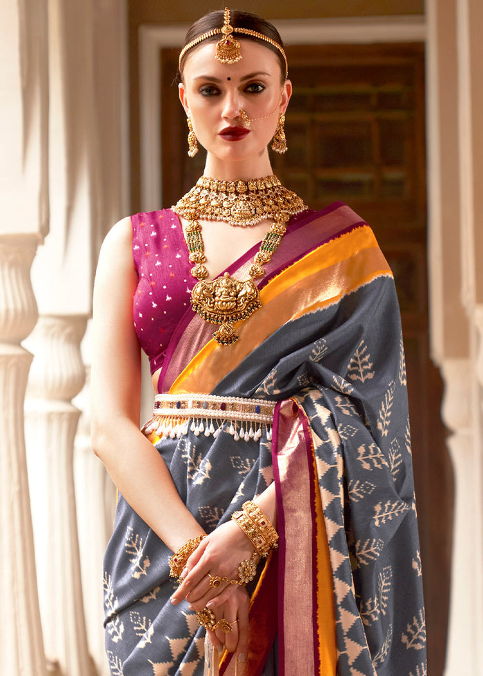 Grey & Pink Printed Patola Silk Saree - qivii