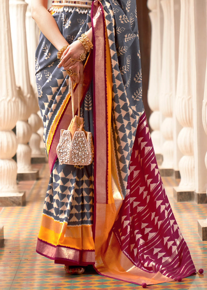 Grey & Pink Printed Patola Silk Saree - qivii
