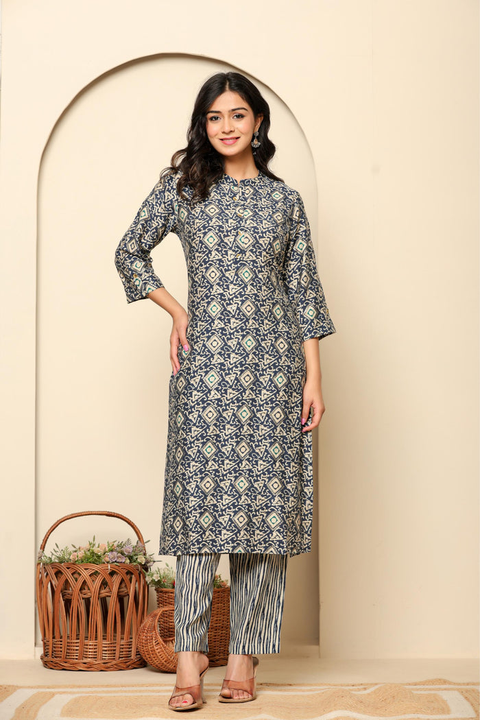 Grey Printed Cotton Kurta Set