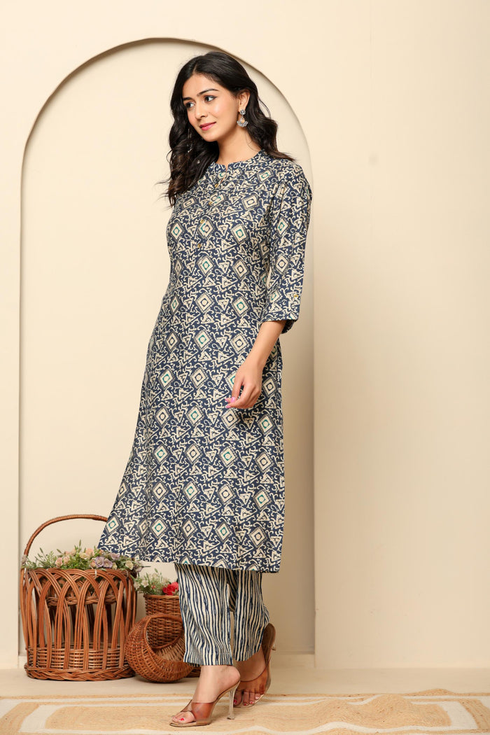 Grey Printed Cotton Kurta Set