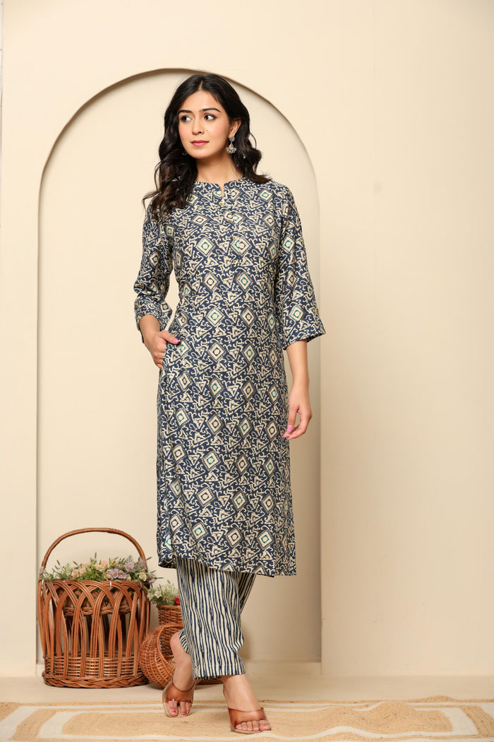 Grey Printed Cotton Kurta Set