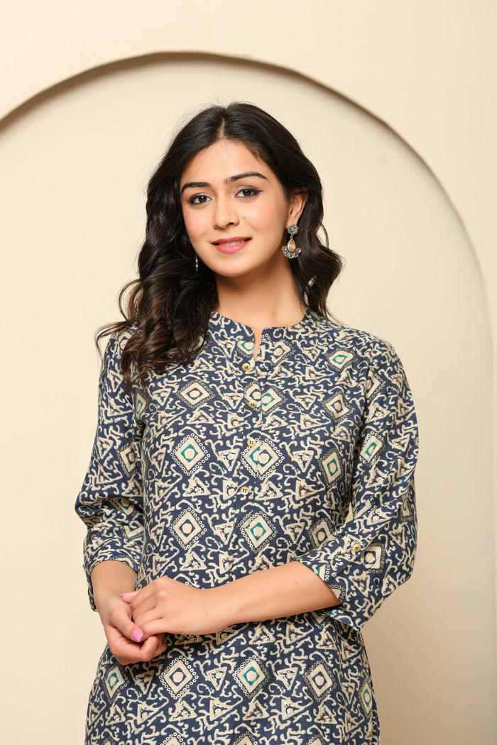 Grey Printed Cotton Kurta Set