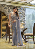 Grey Satin Silk Handwork Or Zarkan Work Saree with intricate embroidery and delicate detailing for a luxurious and elegant look