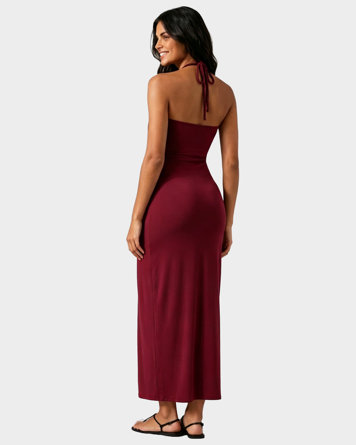 Halter Tie Back Built-in Bra Maxi Dress with Pockets  - By Qivii