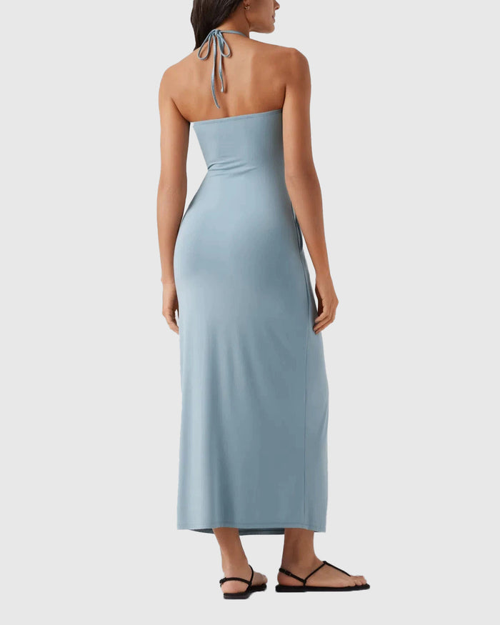 Halter Tie Back Built-in Bra Maxi Dress with Pockets  - By Qivii