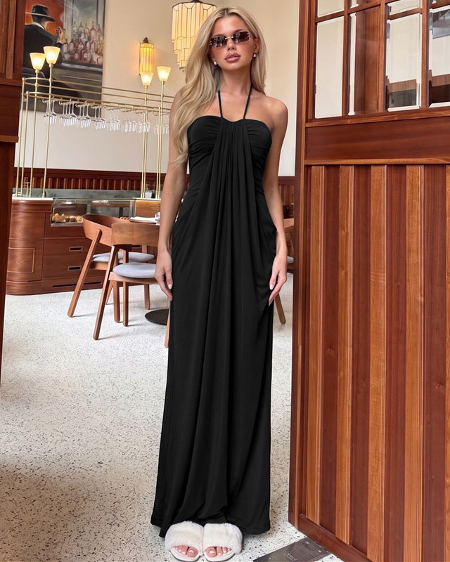 Halter Tie Back Built-in Bra Maxi Dress with Pockets  - By Qivii
