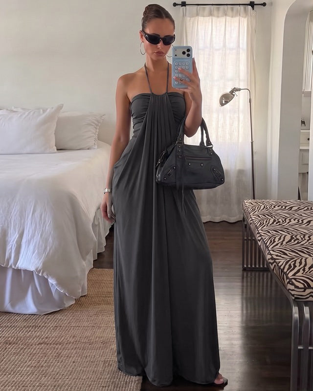 Halter Tie Back Built-in Bra Maxi Dress with Pockets  - By Qivii