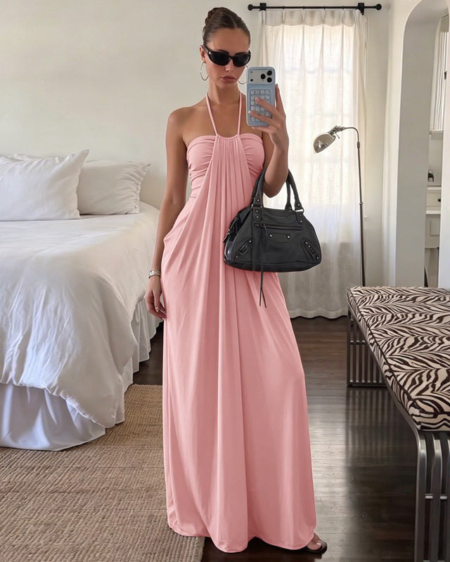 Halter Tie Back Built-in Bra Maxi Dress with Pockets  - By Qivii