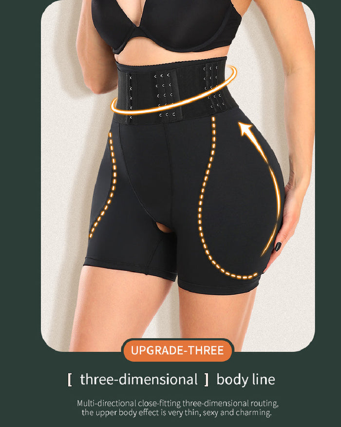 High Waist 9-row Adjustable Buckle Belt Shapewear Shorts With Sponge Pads  - By Qivii