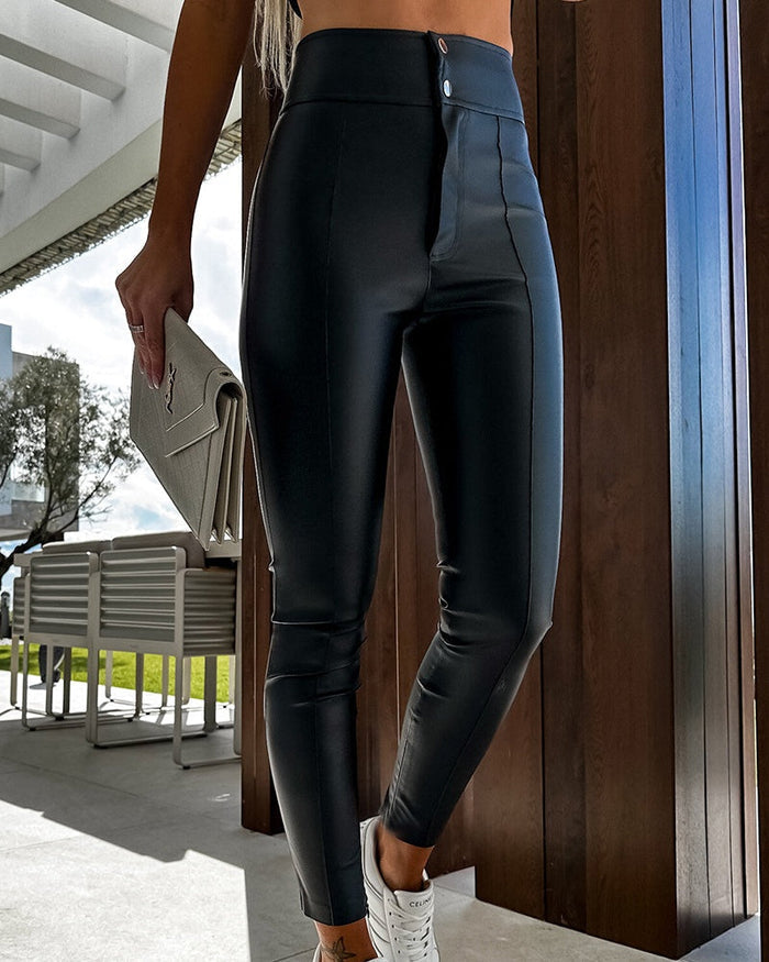 High Waist Hip Lift Casual Stretch Spliced Faux Leather Pants  - By Qivii