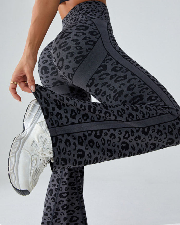 High-Waisted Leopard Print Fitness Yoga Flared Hip-Lifting Pants  - By Qivii