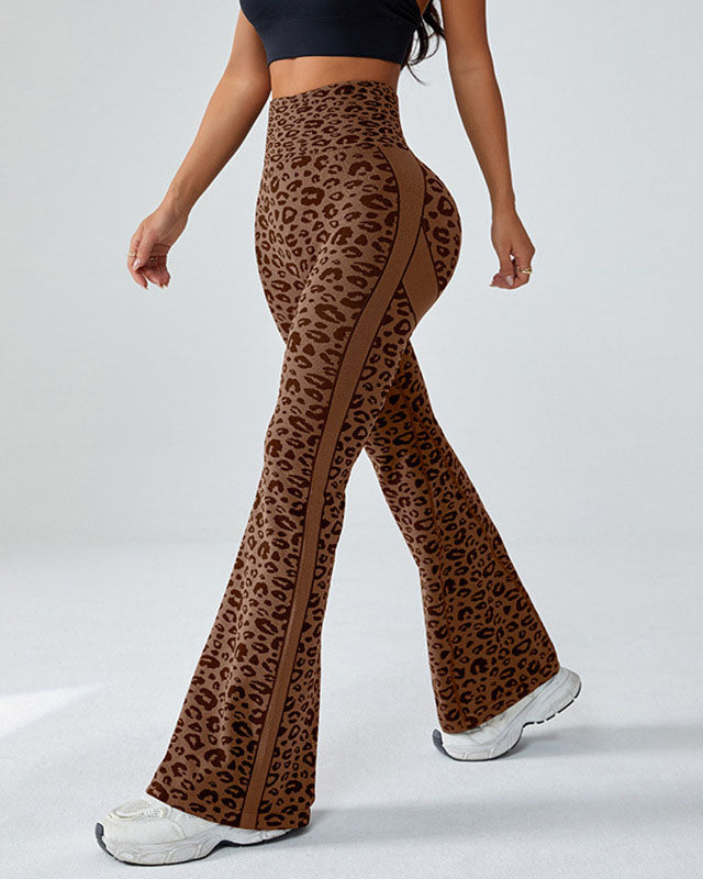 High-Waisted Leopard Print Fitness Yoga Flared Hip-Lifting Pants  - By Qivii