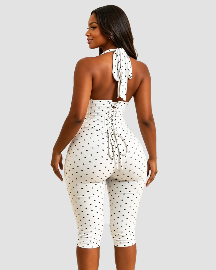 Hourglass Figure Body Shaper Waist Cincher Polka Dot Capri Jumpsuit Two-Piece Set  - By Qivii