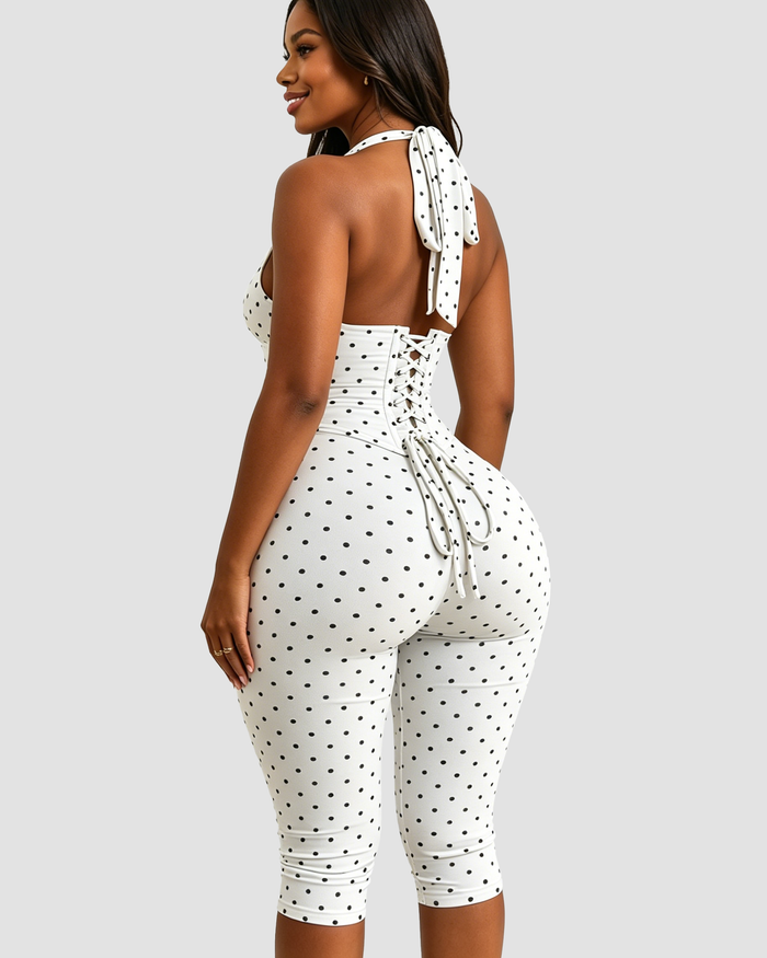 Hourglass Figure Body Shaper Waist Cincher Polka Dot Capri Jumpsuit Two-Piece Set  - By Qivii