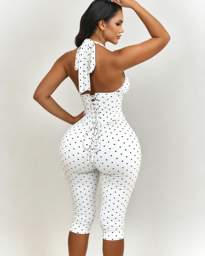 Hourglass Figure Body Shaper Waist Cincher Polka Dot Capri Jumpsuit Two-Piece Set  - By Qivii