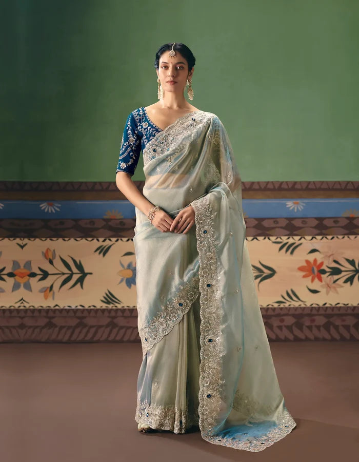 Ice Blue Heavy Embroidered Saree