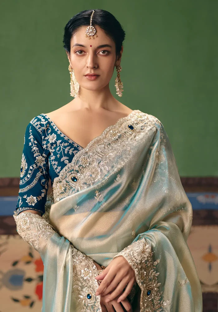 Ice Blue Heavy Embroidered Saree