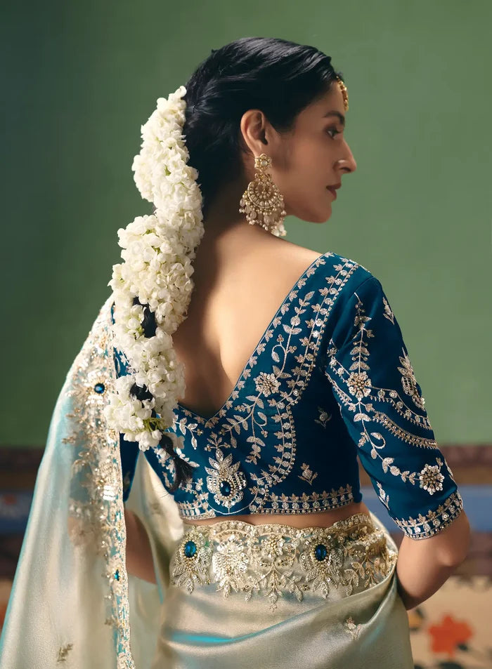 Ice Blue Heavy Embroidered Saree