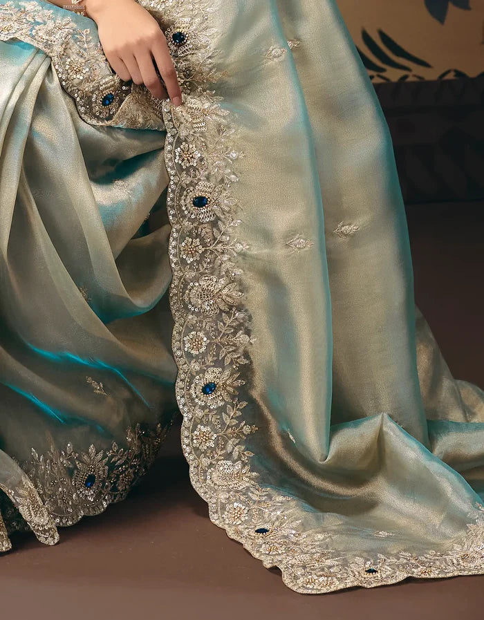 Ice Blue Heavy Embroidered Saree