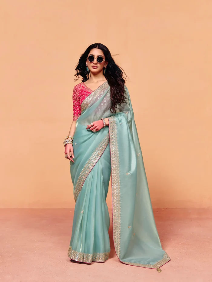 Ice Blue Organza Embroidery Saree
