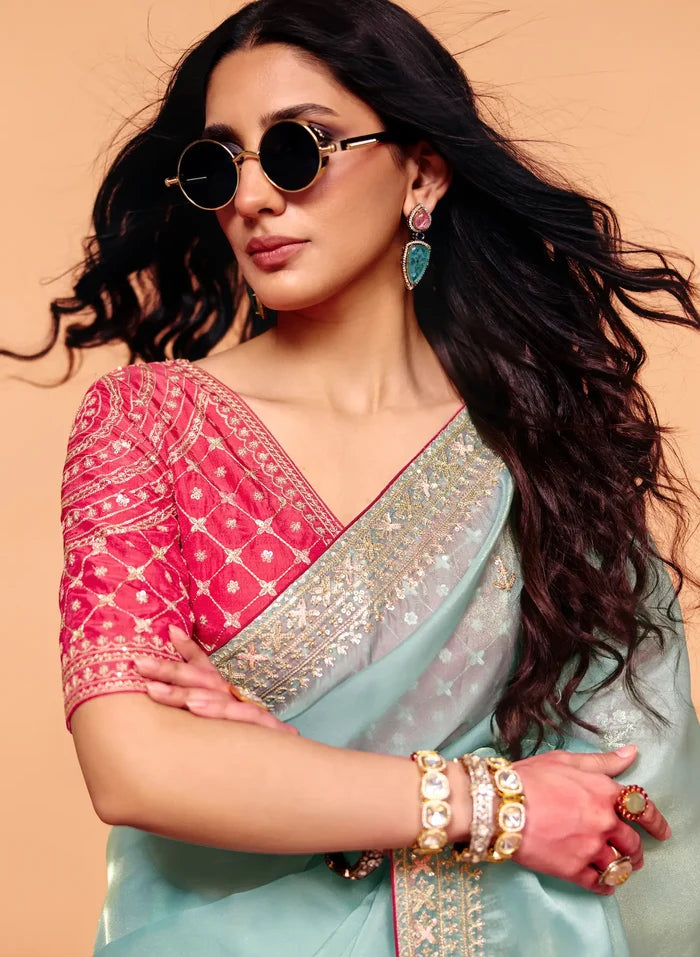 Ice Blue Organza Embroidery Saree