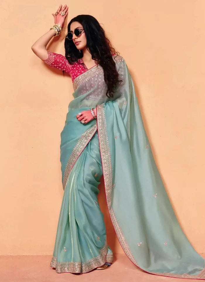 Ice Blue Organza Embroidery Saree